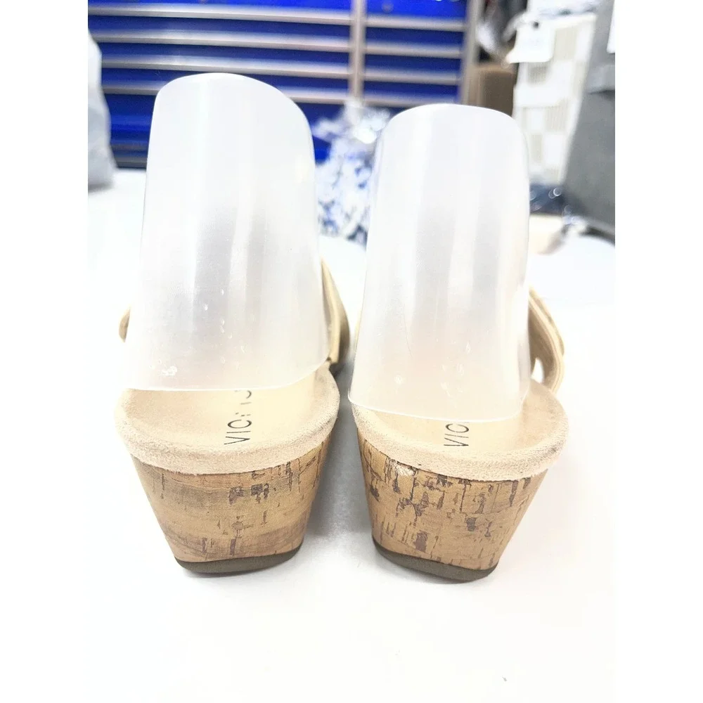 Vionic Leticia Cream Beige Pebbled Leather Cross Strap Wedge Sandals Womens 8